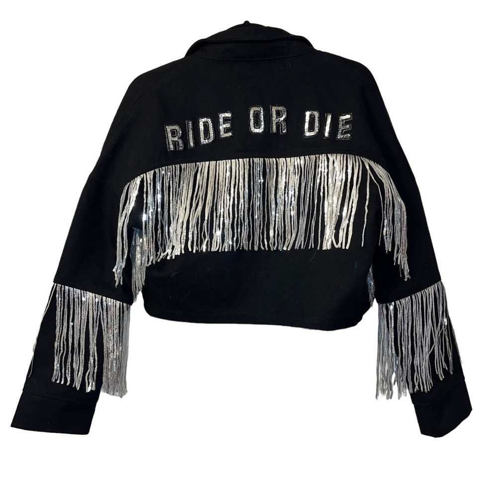 “RIDE OR DIE” black denim jacket w/ silver sequin fringe